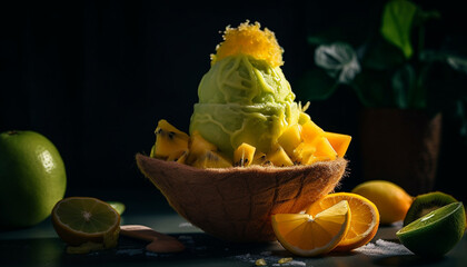 Fresh sliced citrus fruits sitting on wooden table generated by AI