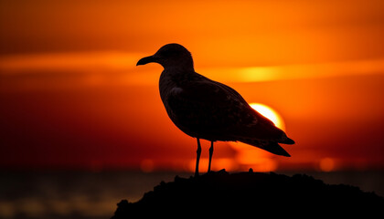 Silhouette of seagull standing on orange coastline generated by AI