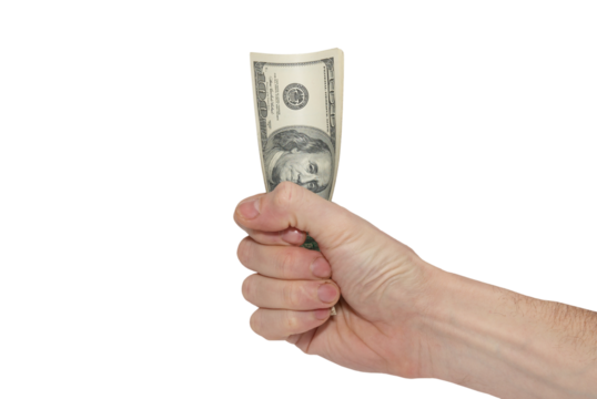 Hand with money cash american dollars in PNG isolated on transparent background