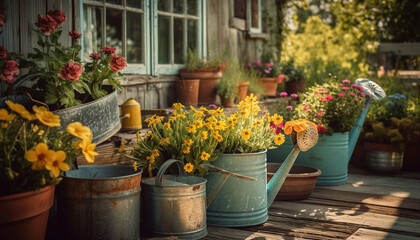 Fototapeta na wymiar Fresh blooms in rustic pot bring summer's charm generated by AI