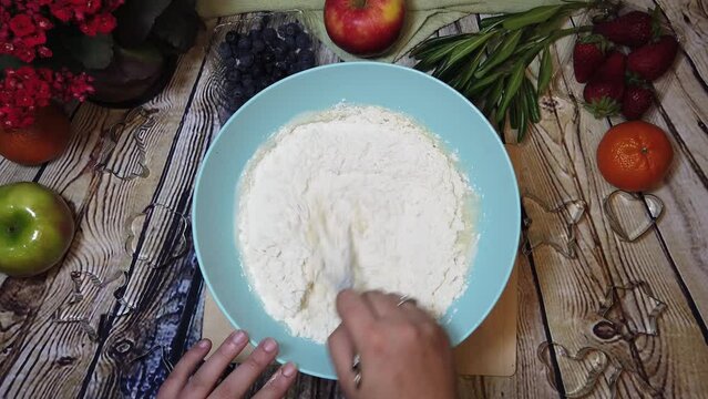 Making omlet or cake preparation. Overhead shot, cooking, food prep. High quality 4k footage