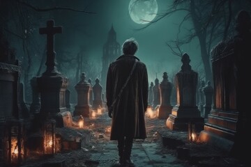Obraz na płótnie Canvas Man graveyard gothic night. Generate Ai