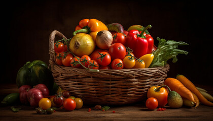 Fototapeta na wymiar Fresh vegetables in wicker basket, healthy diet generated by AI