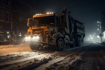 Fototapeta na wymiar A snow plough battles a blizzard at night to clear the streets of snow and ice. Generative AI