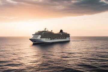 Fototapeta na wymiar An elegant cruise ship above the ocean at dawn. Perfect for smart tourism and summer vacation. Great for webinar banners. Generative AI