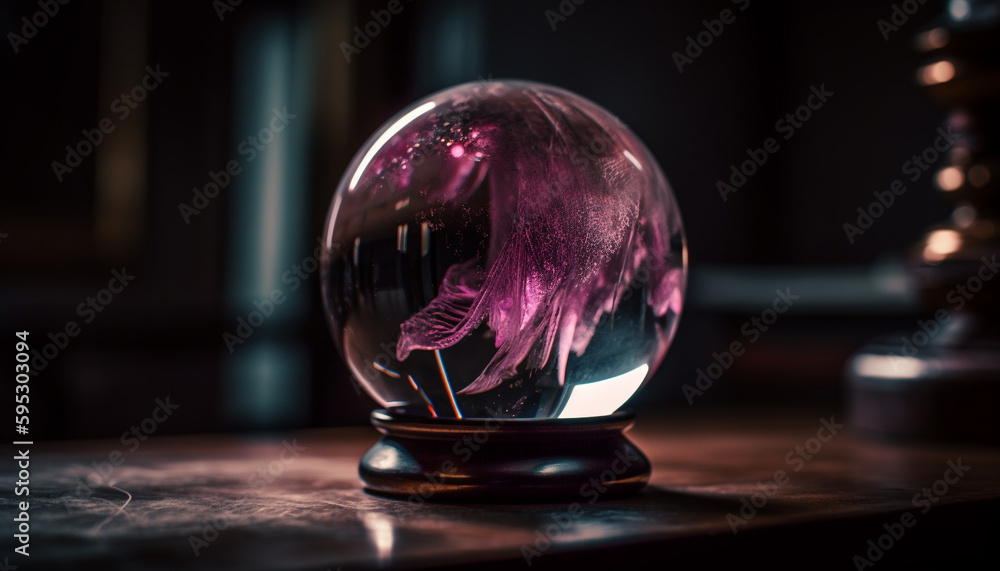 Poster a single crystal sphere shining on table generated by ai