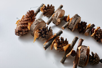 A toy treat for parrots. Cones, twigs, dried fruits. Close-up
