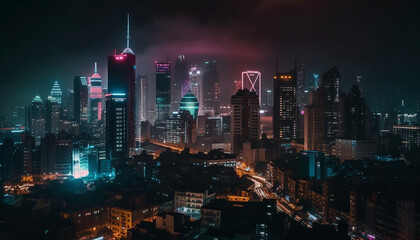 Fototapeta na wymiar Glowing urban skyline illuminates modern city life generated by AI
