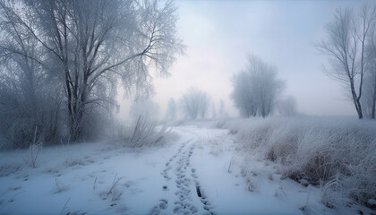 Obraz na płótnie Canvas Frosty tree branch frozen in winter solitude generated by AI