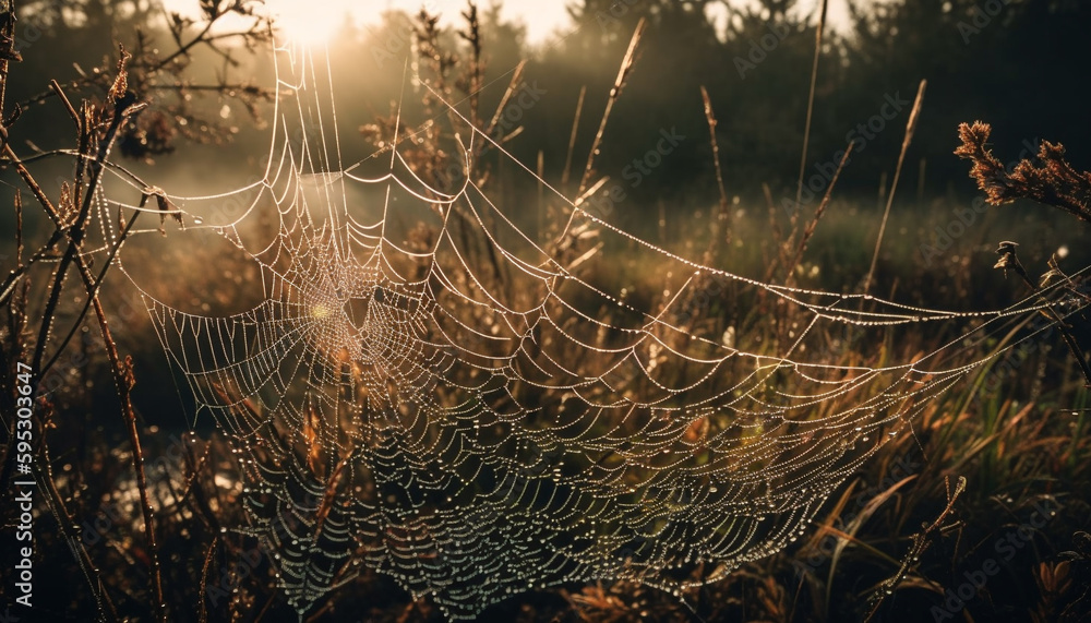 Poster shiny dew drops on spider web trap generated by ai