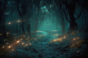 Enchanted forest at night with fireflies. Generative AI illustration