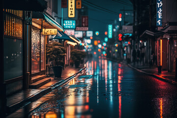 Wet City Asian Streets. Generative AI.
A digital painting of a rainy narrow street in an Asian city or neighborhood.