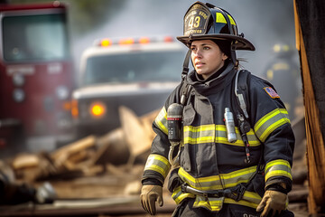 Obraz premium WOMAN FIREFIGHTER AND FIRE TRUCK IN A FIRE. AI ILLUSTRATION. COLOR. HORIZONTAL. 