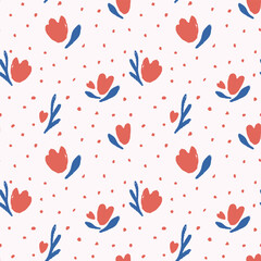 Hand drawn abstract tulip flowers seamless pattern on light background. Repeating floral vector pattern. Cute tulips with blue leaves print for ben linen