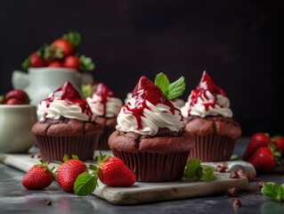 Homemade pink sweet cupcakes strawberries. Generative AI