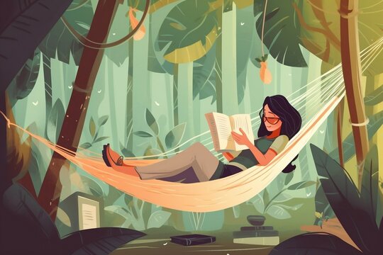 young female lying in hammock and reading book vector illustration. generative AI