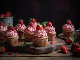 Obraz na płótnie Canvas Homemade pink sweet cupcakes strawberries. Generative AI