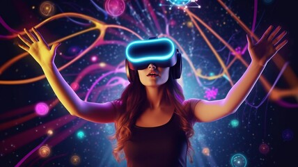 A stunning woman in a virtual reality headset floating, happy, and surrounded by lights, colors, and brightness. AI generator