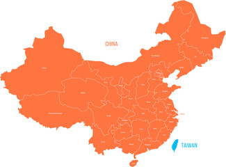 Political map of Taiwan and China. Both countries with administrative divisions in different colors. Vector map with labels.
