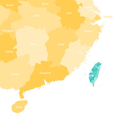 Fototapeta premium Political map of Taiwan and China focused on Taiwan and the nearest chinese provinces. Both countries with administrative divisions in different colors. Vector map with labels.
