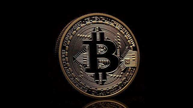 Bitcoin Coin Image, Gold Bitcoin coins are scattered over a background of black velvet. AI generation