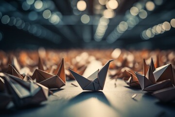 An origami bird among identical planes, symbolizing leadership. 3D rendering. Generative AI - obrazy, fototapety, plakaty