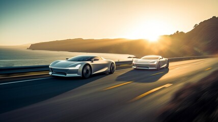 The ocean may be seen in the backdrop as futuristic automobiles go along the coastline. AI generation