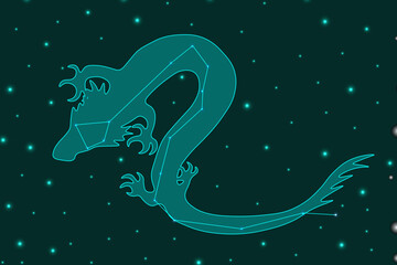 A large horizontal banner with the constellation Draco. Dragon in the starry sky. Astronomical poster. Vector illustration.  © Olga Igumenova