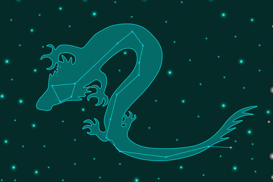 A large horizontal banner with the constellation Draco. Dragon in the starry sky. Astronomical poster. Vector illustration. 