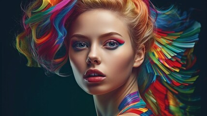 Beautiful model with huge lips, long eyelashes, colorful hair, 3D geometric forms around her, and contemporary pop art-inspired apparel.  AI generator