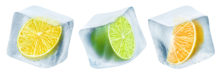Citrus fruits in ice cubes, cut out