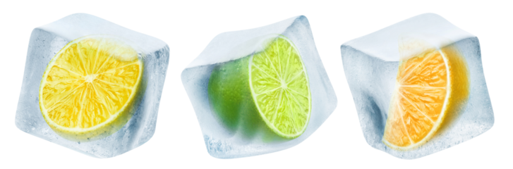 Citrus fruits in ice cubes, cut out