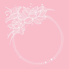 hand drawn white floral frame wreath on pink background
