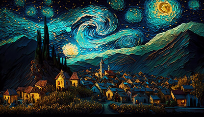 Village in the night with moon and stars. Digital painting