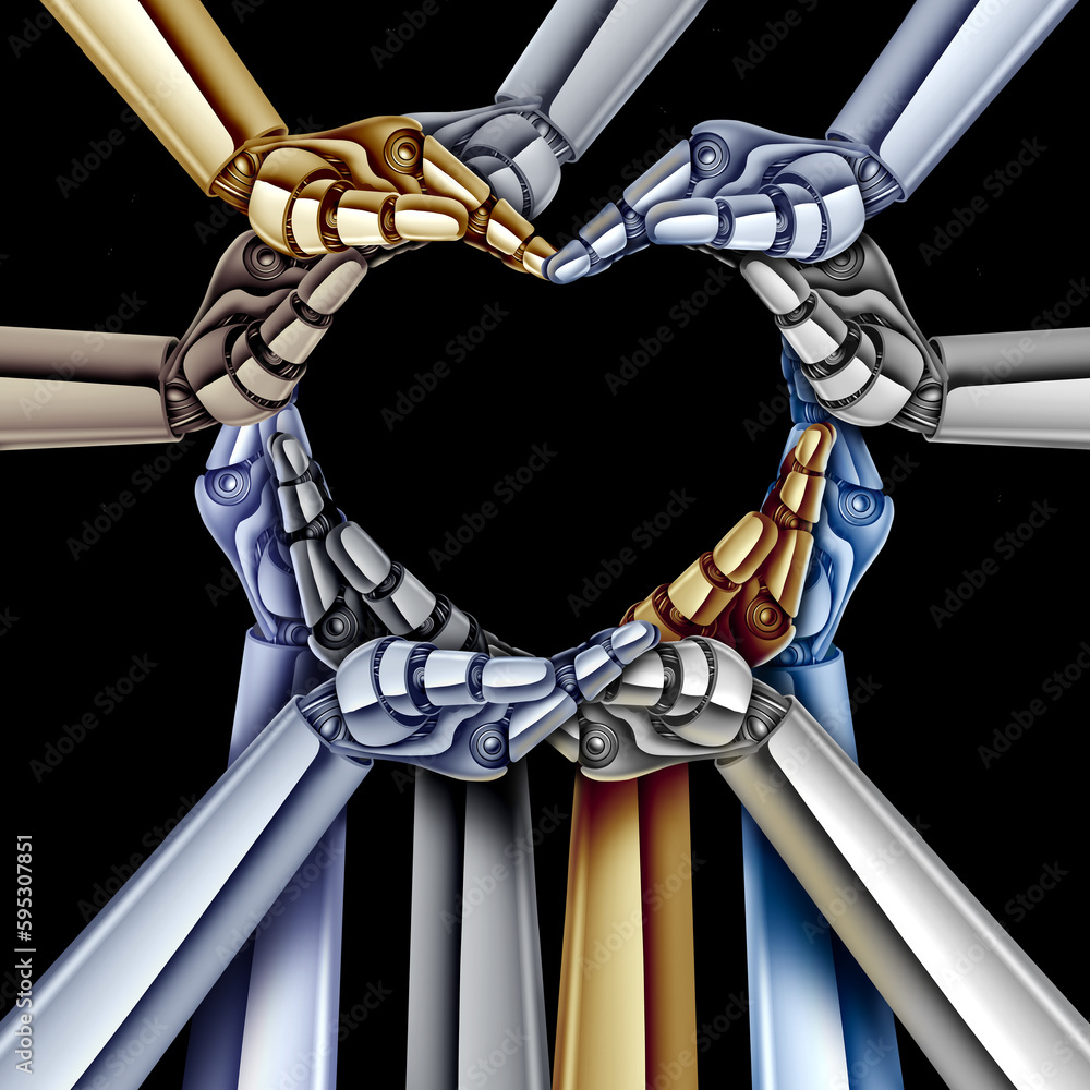 Poster Technology love and Advanced Technology Unity and artificial intelligence or AI engineering team collaboration with robot hands as a heart shape