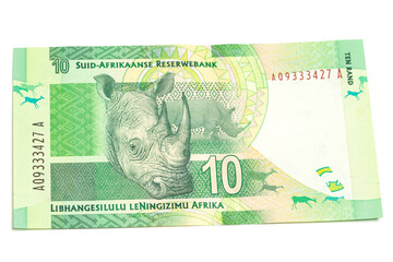 South African money 10 rand banknote.