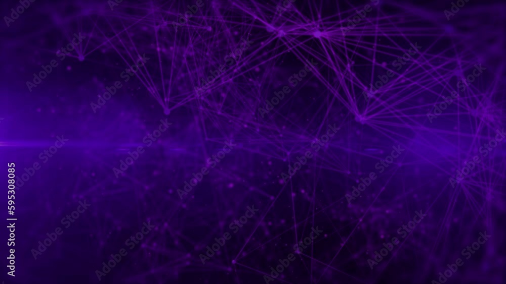 Poster Technology digital purple low poly connection flowing wave with glow lens flare futuristic structure. Big data visualization seamless loop 4K motion background.
