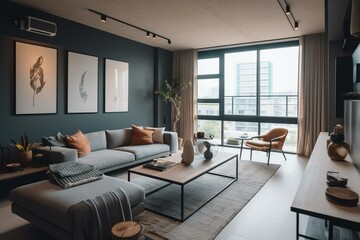Naklejka na ściany i meble Modern apartment interior design with contemporary furniture and decor. Generative AI