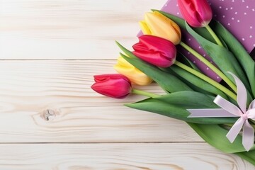 Tulips presents on table spring card. Generate Ai