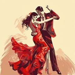 a beautiful vibrant color illustration of a couple dancing flamenco