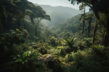 Vibrant Atlantic forest in Rio de Janeiro's Guapiaçu reserve. Generative AI - obrazy, fototapety, plakaty