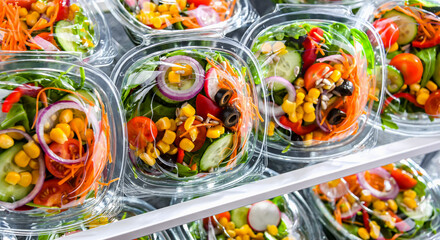 Boxes with pre-packaged vegetable salads in a commercial fridge