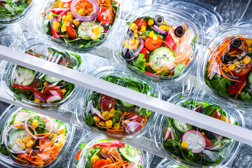 Boxes with pre-packaged vegetable salads in a commercial fridge