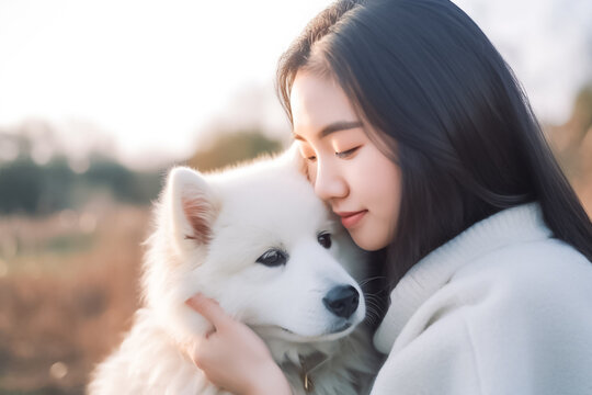 A White Dog cuddles up next to a smiling Asian woman, their joy evident in the warm and cozy scene. generative AI