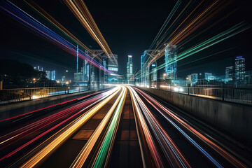 Fototapeta na wymiar Night, high-speed train tracks and urban skylines. AI technology generated image