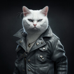 cool cat in a leather jacket. Created with AI technology
