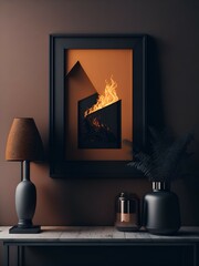 Blank frame mockup in modern warm lookng interior. Ideal template for artwork, photo, or poster display. Generative AI	