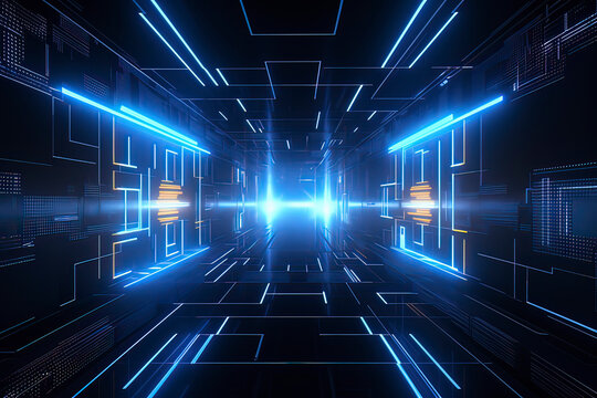 Blue neon technology space tunnel. AI technology generated image