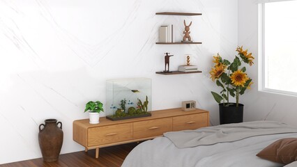 A modern bedroom interior design with a wooden commode. AI Generative