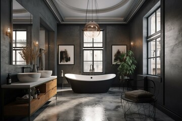 Gray toned spacious bathroom with heated floors, a freestanding tub and empty paintings. 3D rendering. Generative AI